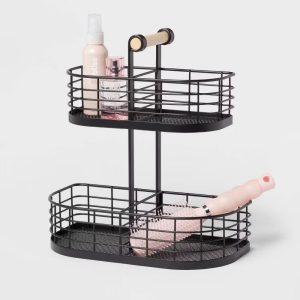 2 Tier Divided Wire Basket with Wood Handle Black - Iron Storage & Organization, Decorative Rectangle