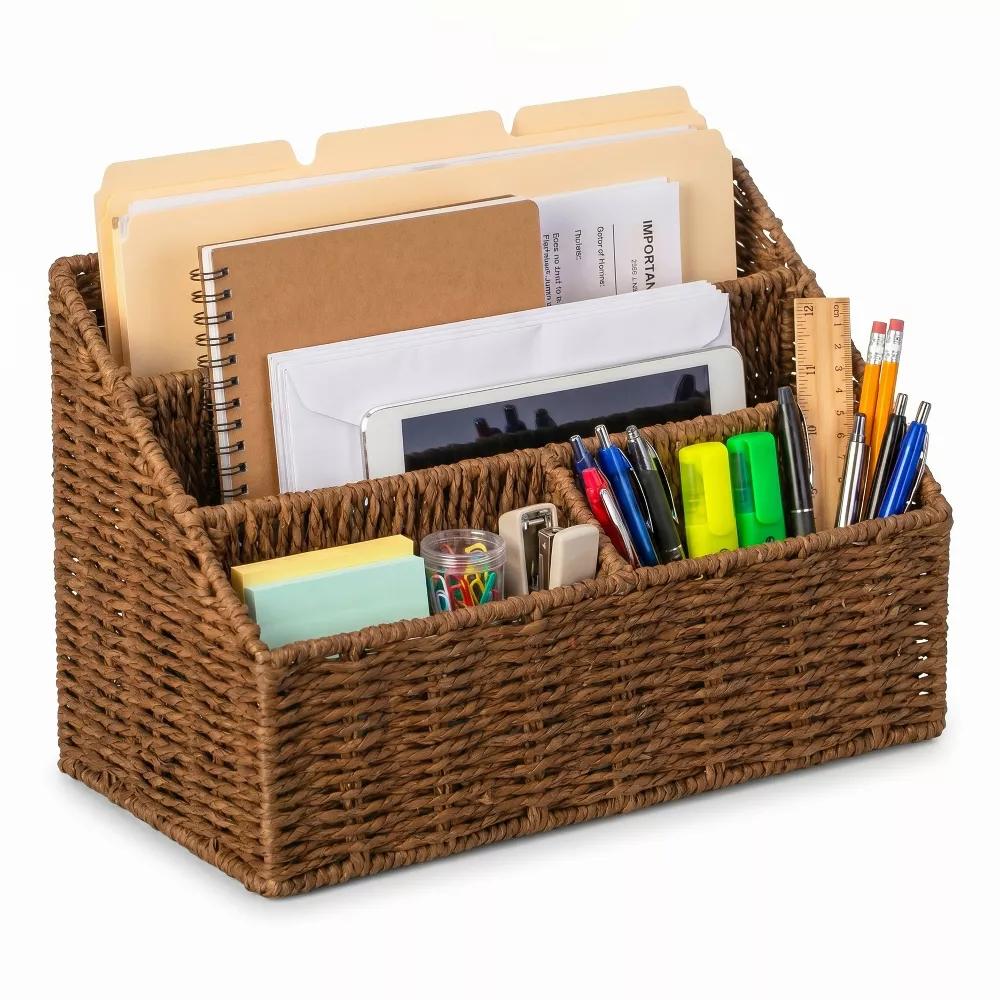 Wickerwise Handwoven Paper Rope Desktop Organizer for Mail & Files
