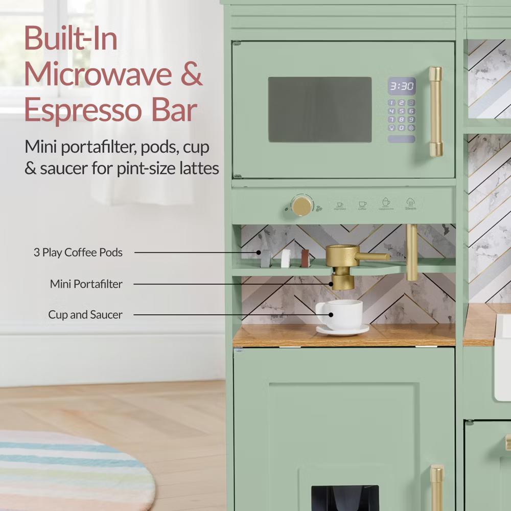 Deluxe Wooden Pretend Play Kitchen with Island and Espresso Machine - White - Image 26