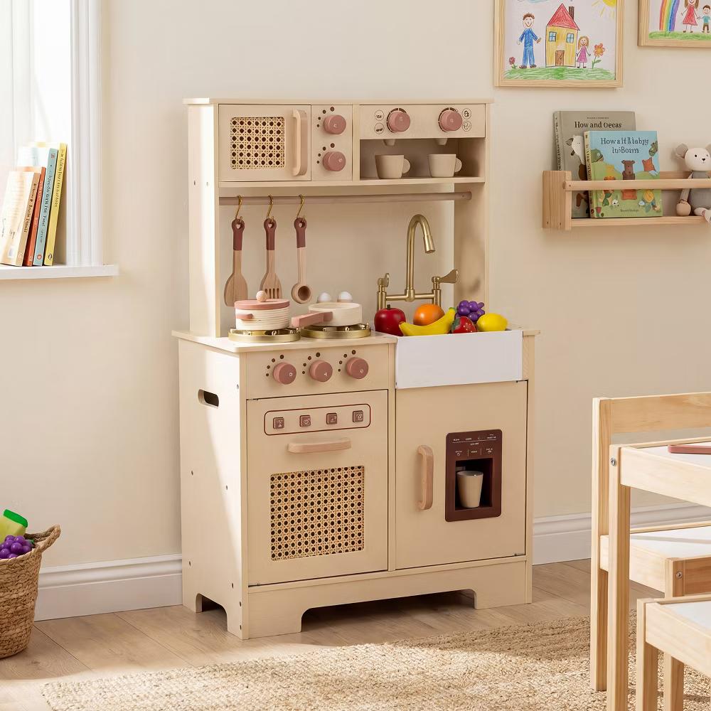 Kids Play Kitchen, Wooden Pretend Kitchen Playset with Rattan Doors, Stoves Yellow/Pink - Image 3