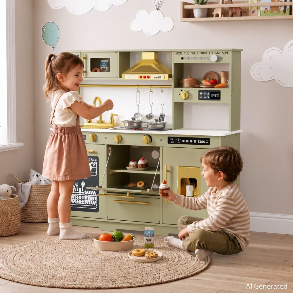 Wooden Play Kitchen for Kids with Running Water Sink, Interactive Stove, Ice Maker, Microwave, Oven & Dishwasher, Ages 3+ - Image 40