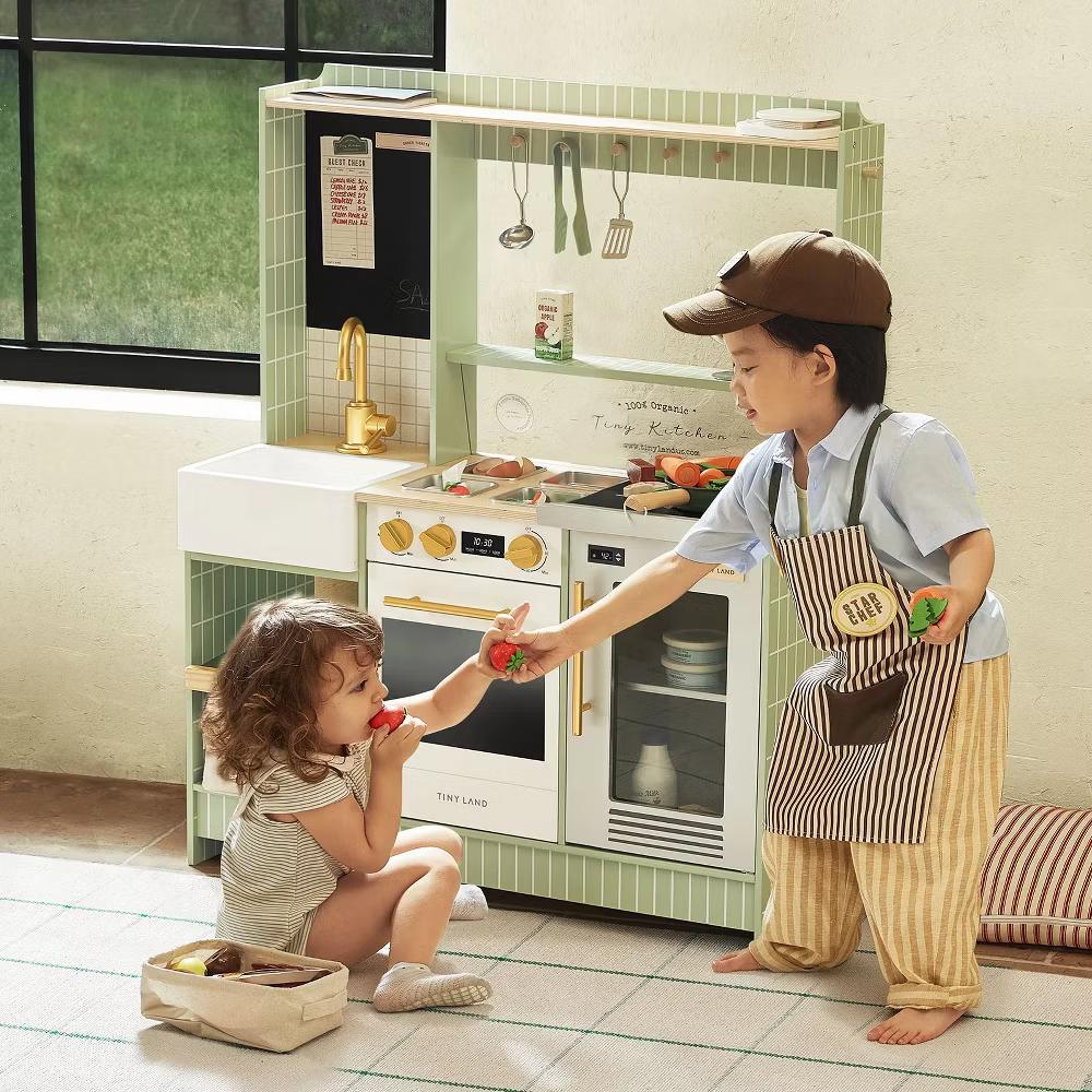 BistroSwitch Wooden Play Kitchen & Pretend Restaurant, Kids Kitchen Playset with Chef Hat & Storage