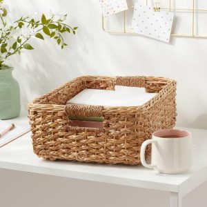 Braided Seagrass Folio Bin - Handwoven Khaki Storage Basket, Rectangle, 6"x12"x17", Nest Seal Certified