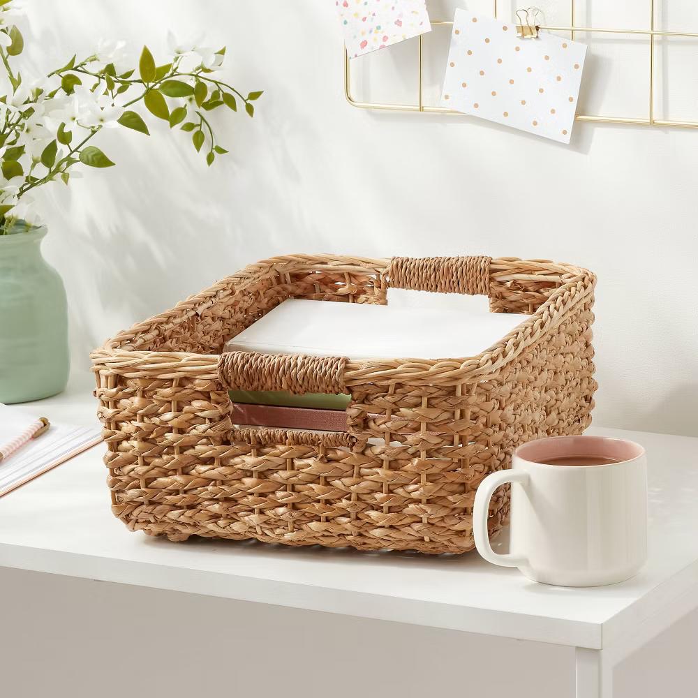 Braided Seagrass Folio Bin - Handwoven Khaki Storage Basket, Rectangle, 6"x12"x17", Nest Seal Certified