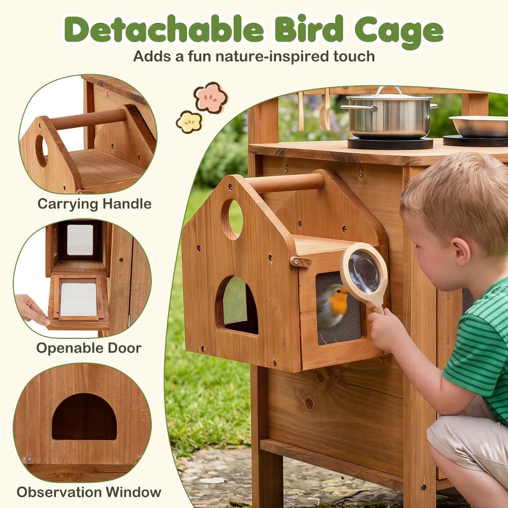 Kids Mud Kitchen with Detachable Bird Cage, Planter, Trellis, 2 Sinks, Stoves - Image 2