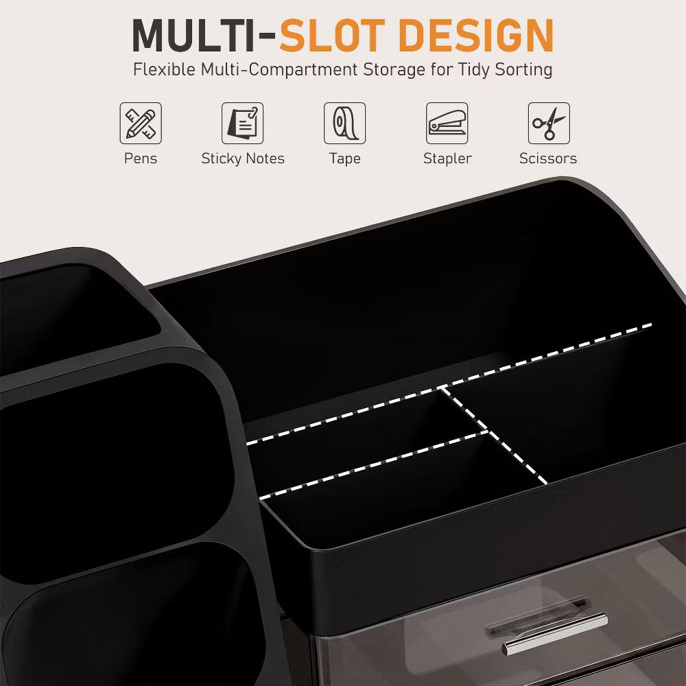 Desktop Organizer with Pen Holder, Multi-Grid Stationary Storage Caddy with 2 Clear Drawers for Office Supplies & Makeup - Image 7