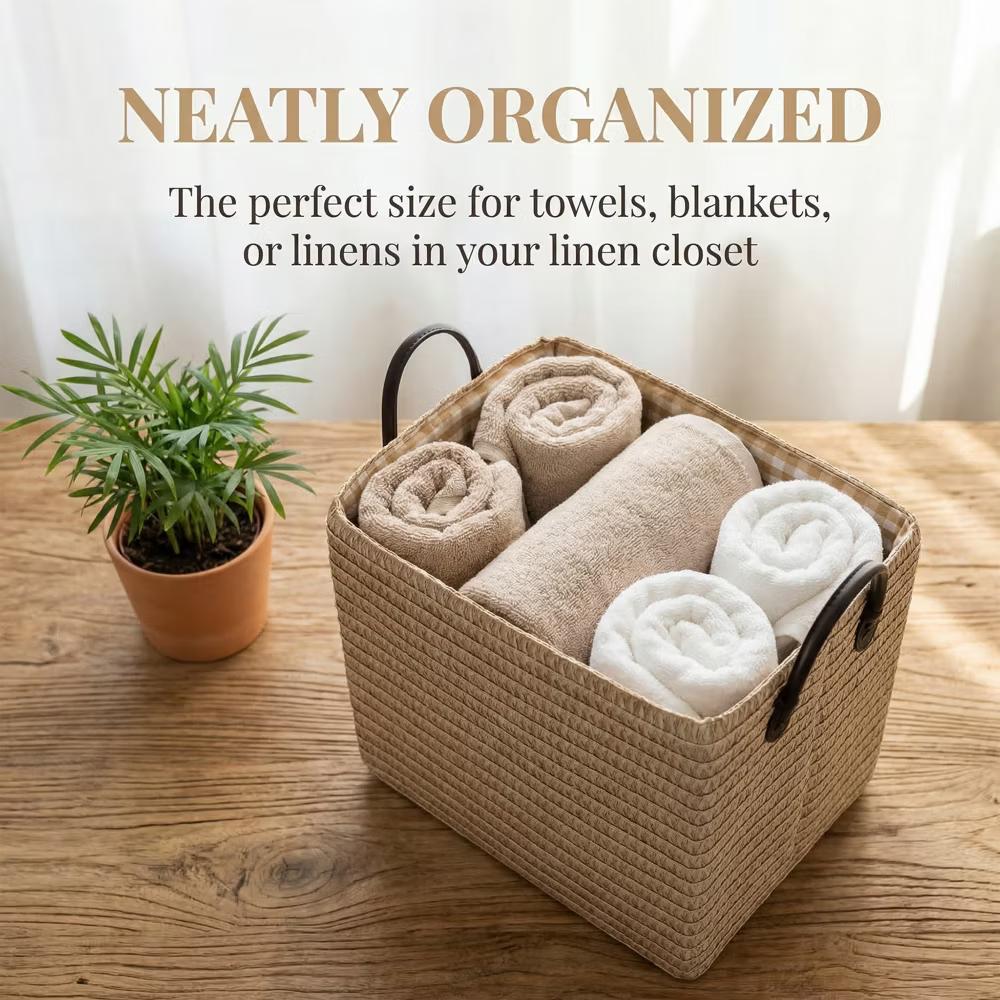 Woven Storage Basket for Clothes Shoes Organizer Bin with Handles - Image 30