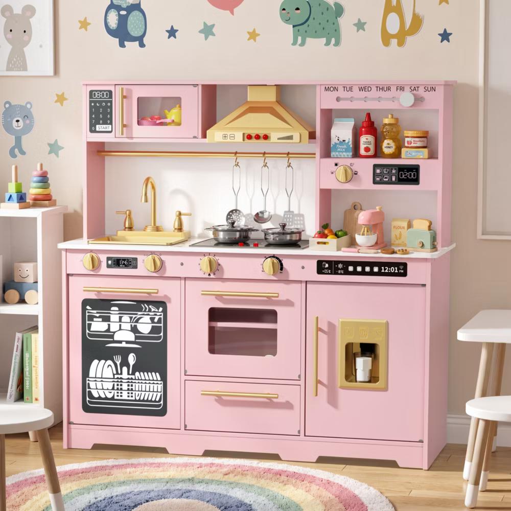 Wooden Play Kitchen for Kids with Running Water Sink, Interactive Stove, Ice Maker, Microwave, Oven & Dishwasher, Ages 3+ - Image 52