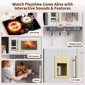Play Kitchen, Wooden Kids Play Kitchen Playset Pretend Cooking Toy Set with Food & Cookware Accessories, Toddler Kitchen Playset for Ages 3+