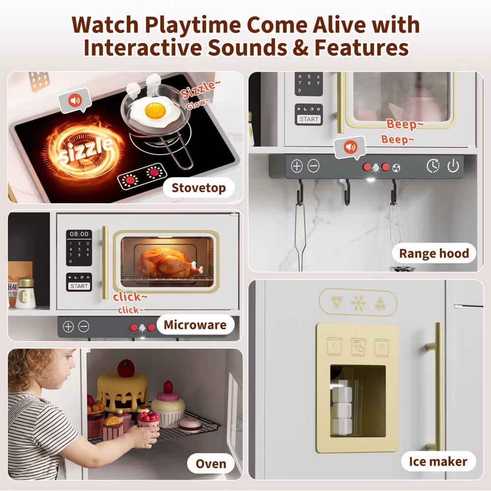 Play Kitchen, Wooden Kids Play Kitchen Playset Pretend Cooking Toy Set with Food & Cookware Accessories, Toddler Kitchen Playset for Ages 3+