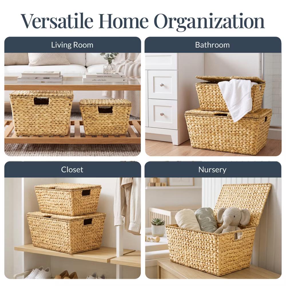 Set of 2 X-Large & Medium Woven Storage Baskets W/Lids, Hyacinth Nesting Organizer Bins - Natural - Image 21
