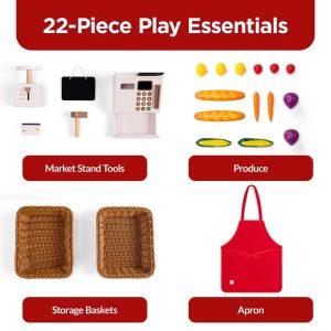 Wooden Farmers Market Stand for Kids with 22 Play Food Accessories, Pretend Grocery Store