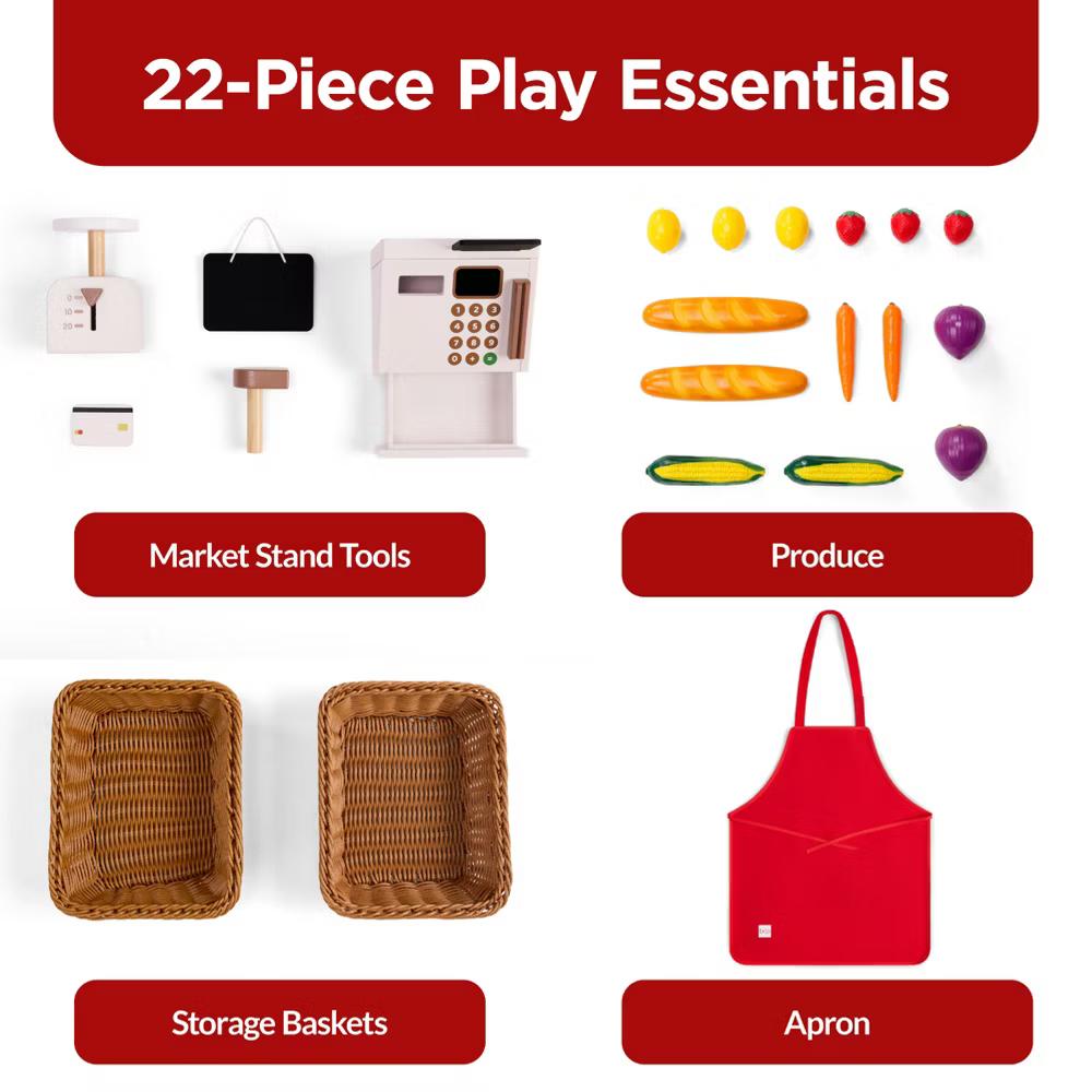 Wooden Farmers Market Stand for Kids with 22 Play Food Accessories, Pretend Grocery Store