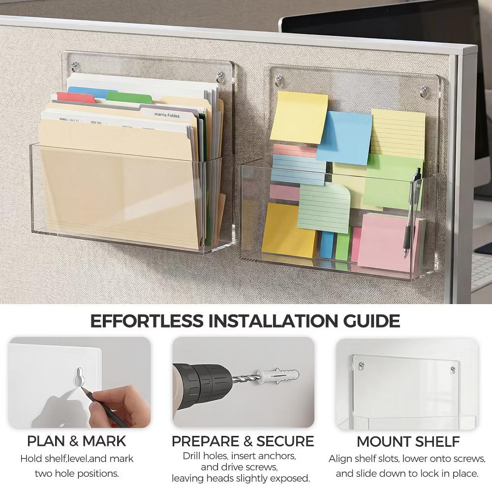 2 PCS Clear Acrylic Wall File Holder Adhesive Mount Office Document Organizer