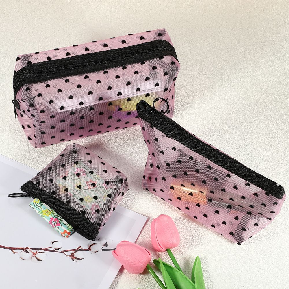 Nylon Heart Shape Print Mesh Clear Makeup Bags 3 Pcs - Image 14
