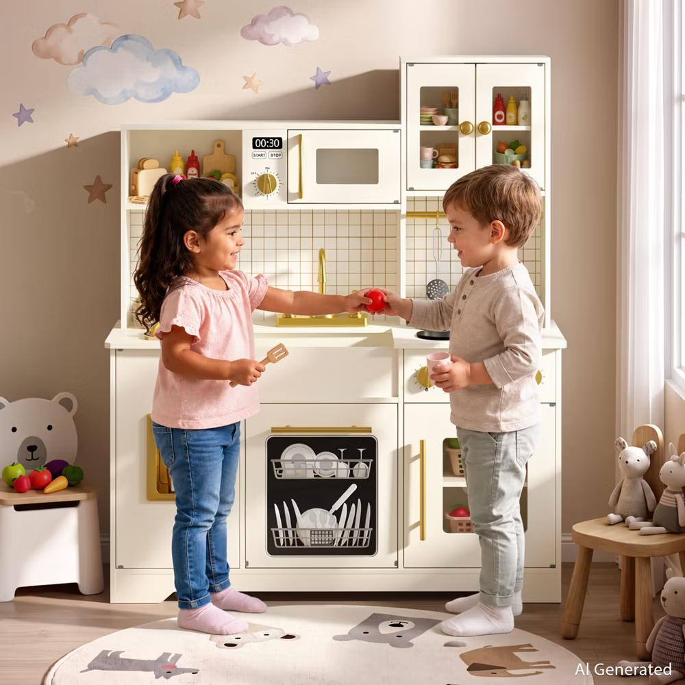 Wooden Play Kitchen with Running Water Sink, Clicking Stove Knobs, Microwave, Oven, Ice Maker & Storage, Ages 3+ - Image 10