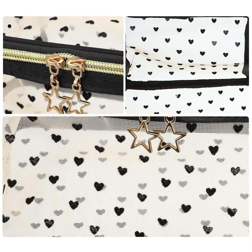Travel Portable Makeup Bag Heart-Shaped Dots Zipper Closure Beige 1 Pc - Image 3