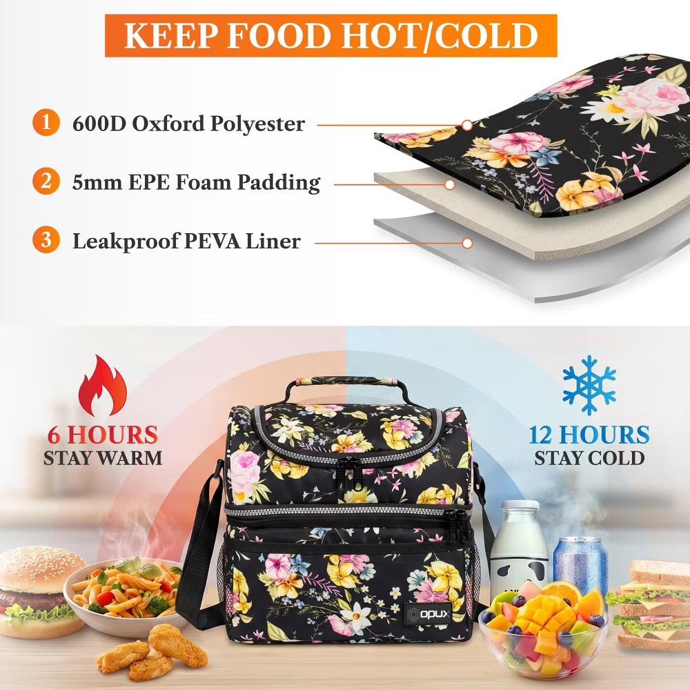 Double Decker Lunch Box Men Women, Insulated Leakproof Cooler Bag Adult Work, Dual Compartment Pail Tote Boys Girls Kids - Image 13