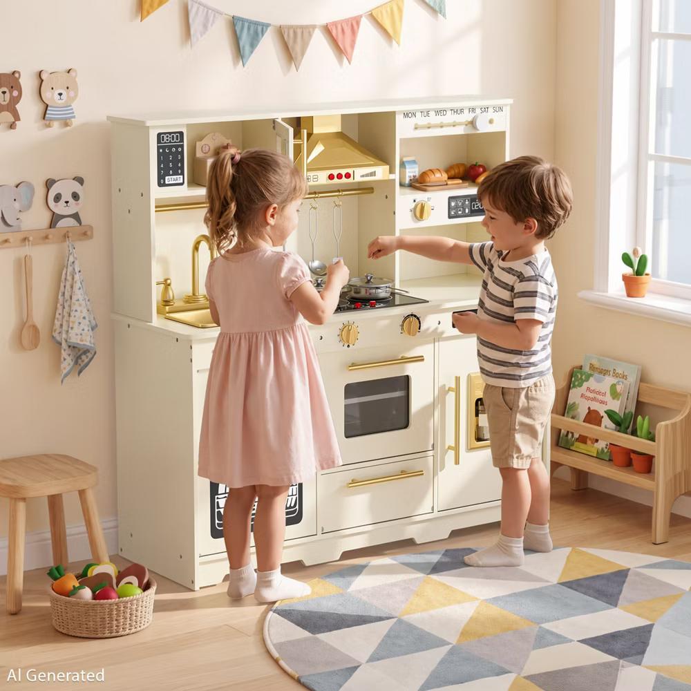 Wooden Play Kitchen for Kids with Running Water Sink, Interactive Stove, Ice Maker, Microwave, Oven & Dishwasher, Ages 3+ - Image 11