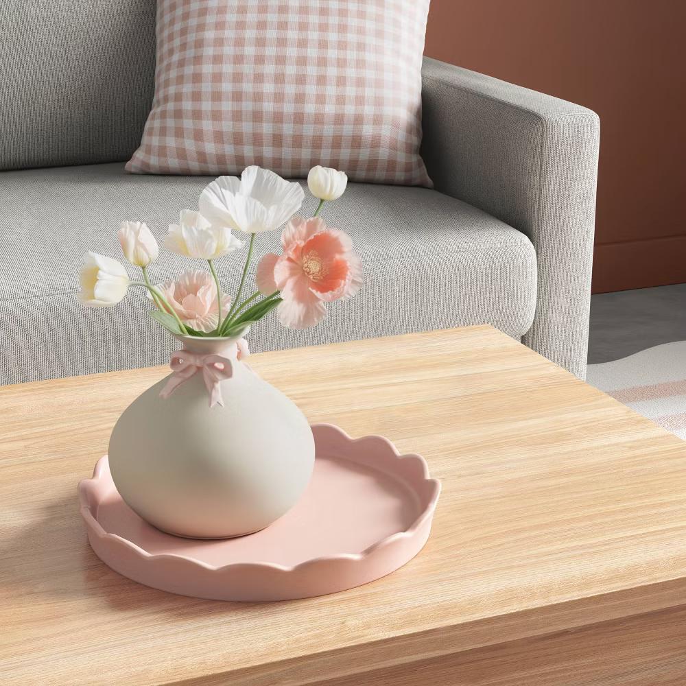 9" Round Scalloped Ceramic Tray Pink - Image 3