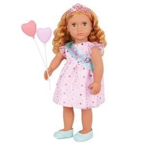 Esme 18" Doll with Pink Birthday Party Dress & Accessories: Blonde Hair, Green Eyes, Fashion Doll
