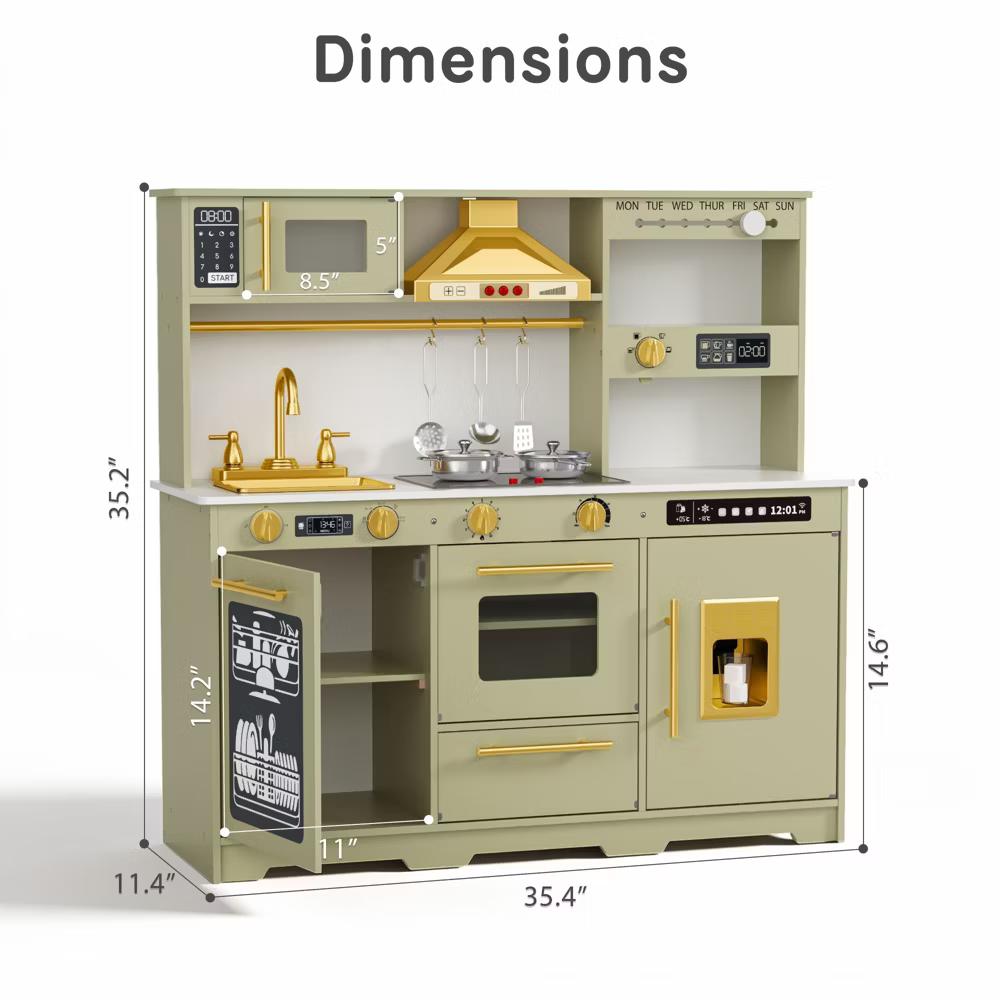 Wooden Play Kitchen for Kids with Running Water Sink, Interactive Stove, Ice Maker, Microwave, Oven & Dishwasher, Ages 3+ - Image 38