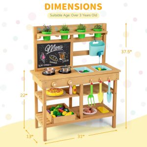 Kids Mud Kitchen with Faucet Removable Sinks Chalkboard Stovetops Rotation Knobs
