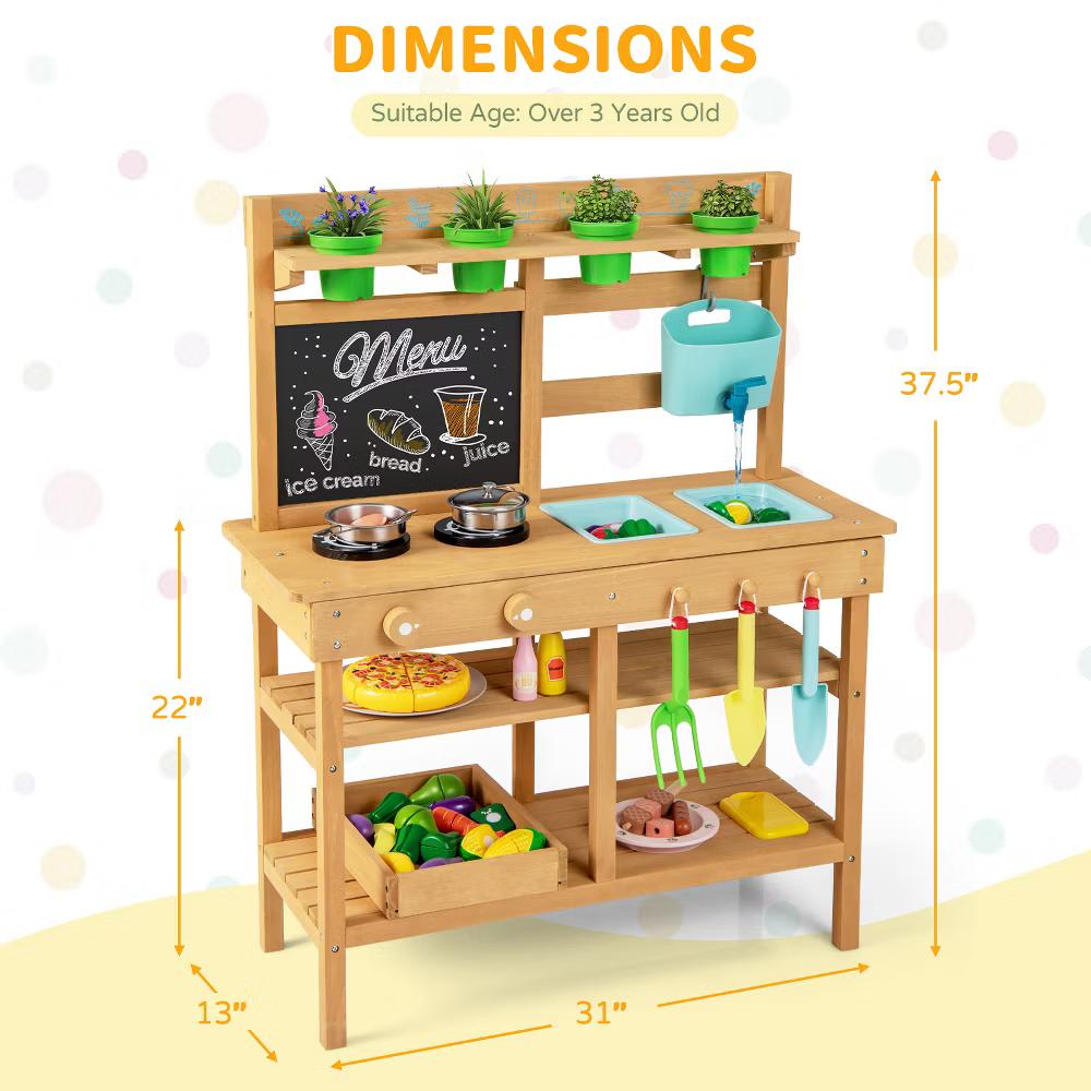 Kids Mud Kitchen with Faucet Removable Sinks Chalkboard Stovetops Rotation Knobs