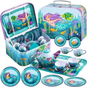 Kid Tea Set, Mermaid Tea Party Set for Girls, Princess Pretend Play Tin Teapot Set Kitchen Toy for Girls Toddlers 2 3 4 5 6 Years Old