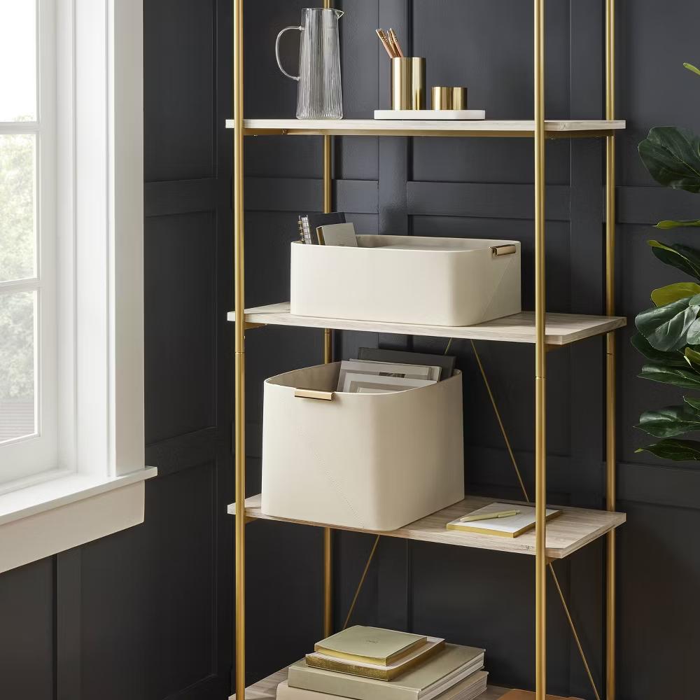 Faux Leather Folio Bin with Metal Handles Ivory - Decorative Storage Basket, Rectangle, Spot Clean - Image 2