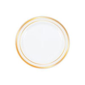 Premium White Plastic Dessert Plates with Gold Trim - 25 Ct.