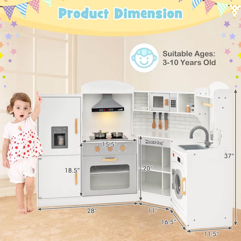 Corner Play Kitchen Toddler Kitchen Playset with Range Hood, Ice Maker, Microwave White/Pink - Image 33