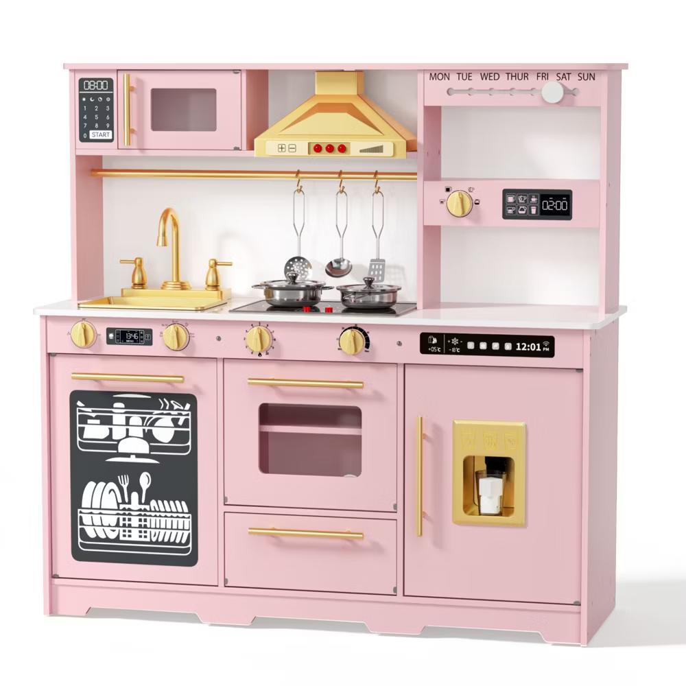 Wooden Play Kitchen for Kids with Running Water Sink, Interactive Stove, Ice Maker, Microwave, Oven & Dishwasher, Ages 3+ - Image 49