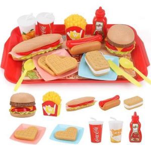 Etokfoks 15pcs Pretend Play Food Set for Kids Removable Fast Food Tray Hamburger Hotdog Fries Kitchen Role Play Toys Gift for Boys Girls