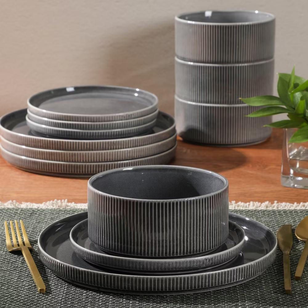 Solana Coast 12 Piece Stoneware Reactive Glaze (Service for 4) Ceramic Plates and Bowls Modern Shape Embossed Dinnerware Set - Image 12