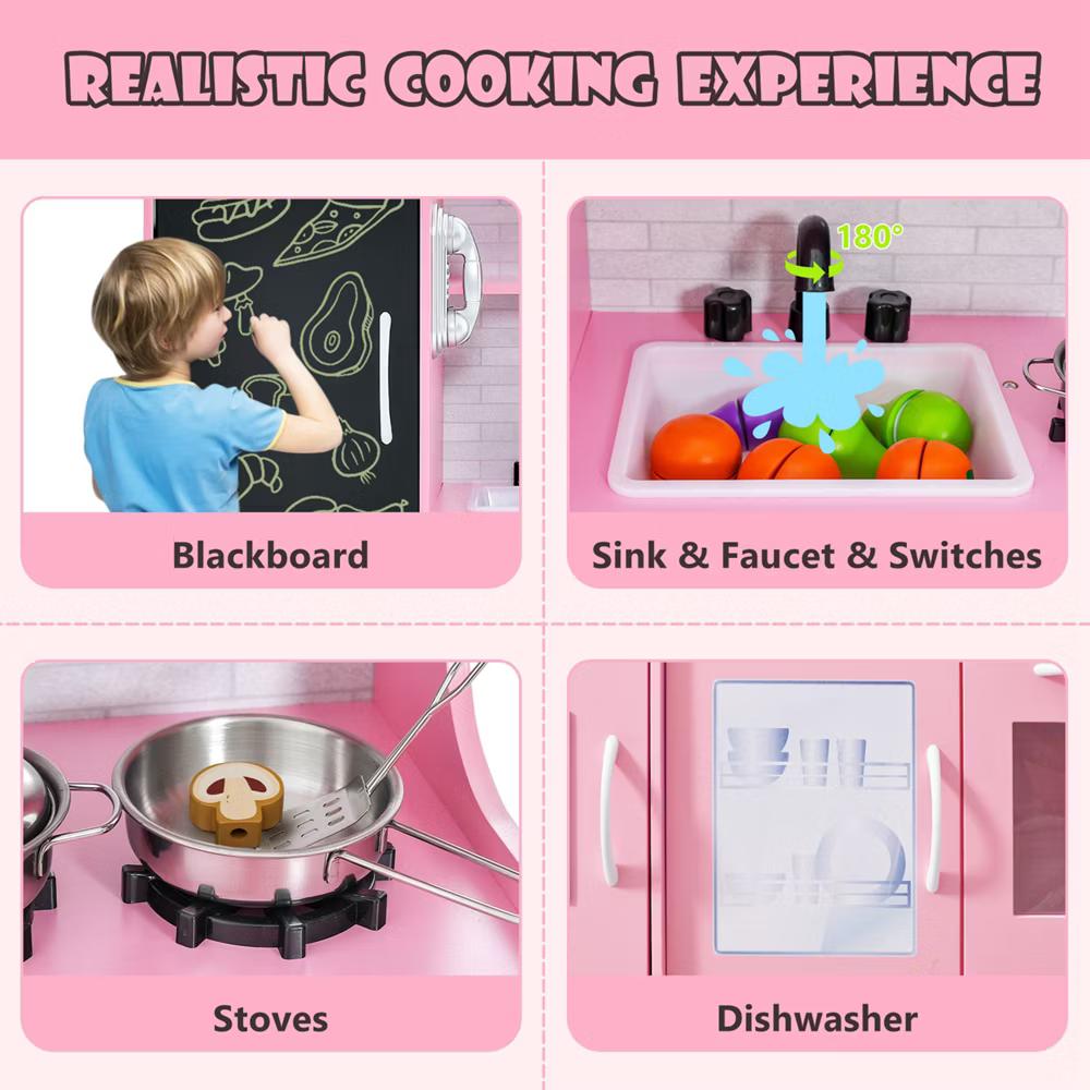 Kid's Pretend Play Kitchen Toddler Kitchen Playset with Blackboard Pink/White/Light Pink/Beige - Image 65