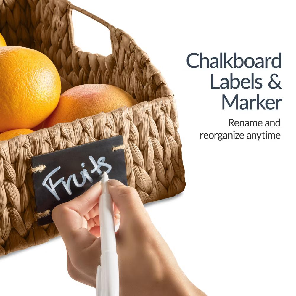 Hyacinth Angled Pantry Storage Baskets W/ Handles, Chalkboard & Marker - Image 3