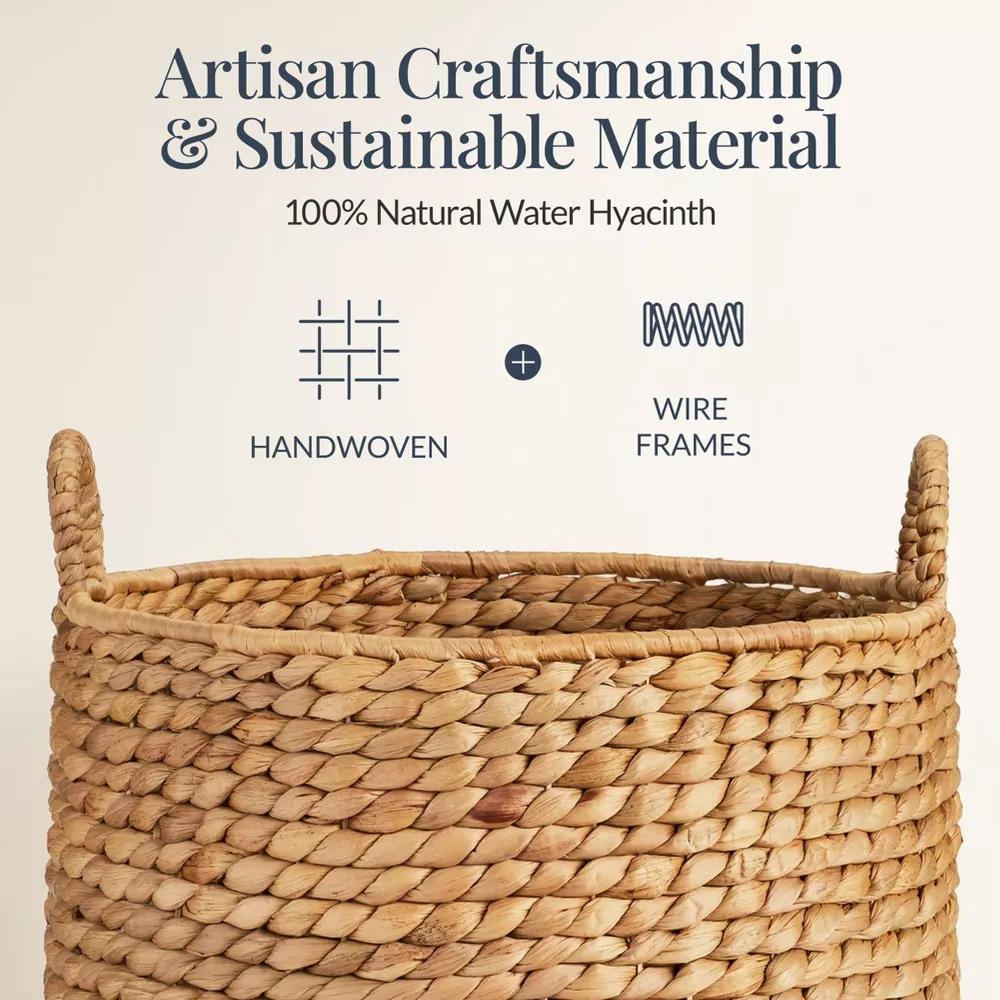 Round Storage Basket w/ Handles, Handwoven Water Hyacinth, Storage Organizer Tote - Natural - Image 10