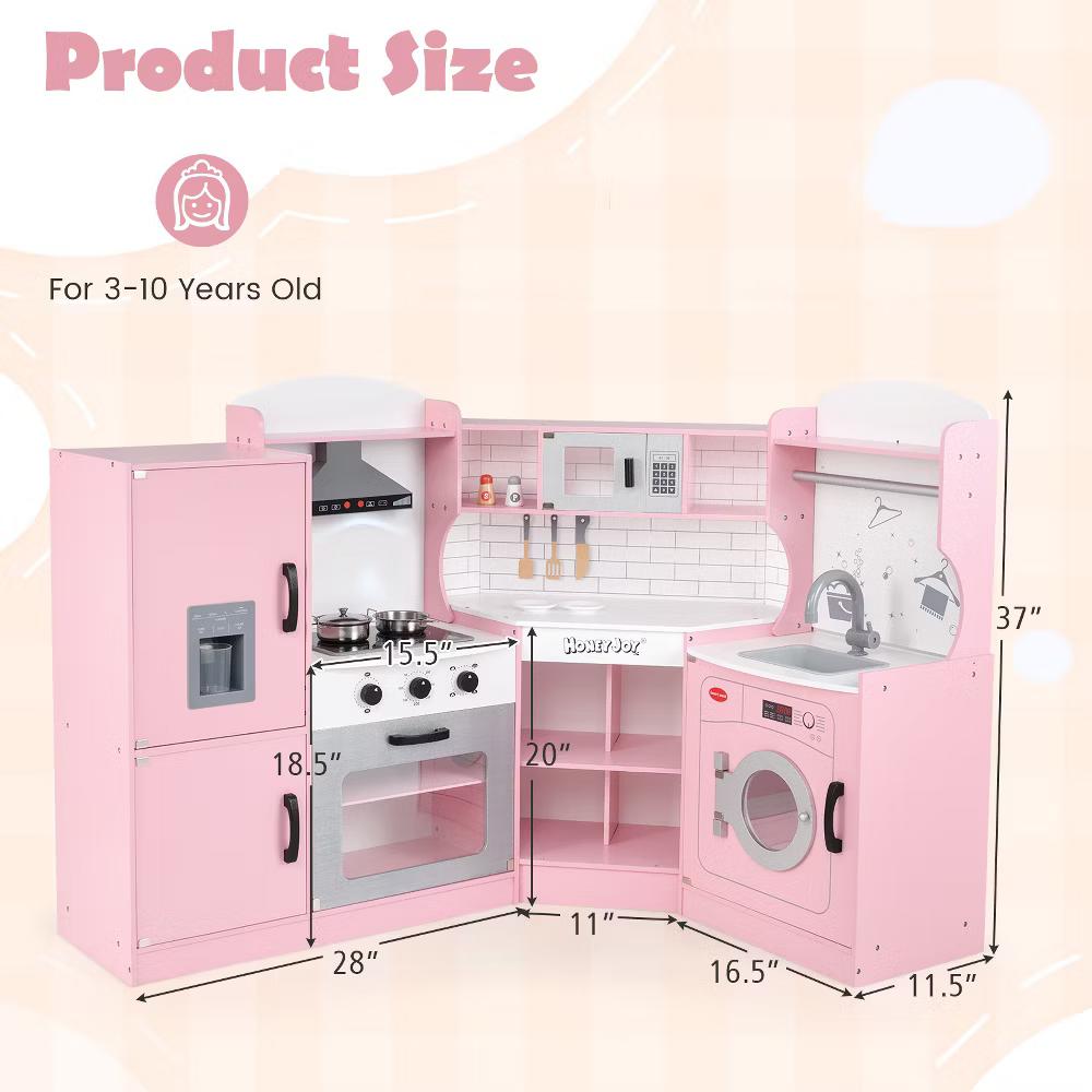 Corner Play Kitchen Toddler Kitchen Playset with Range Hood, Ice Maker, Microwave White/Pink - Image 26