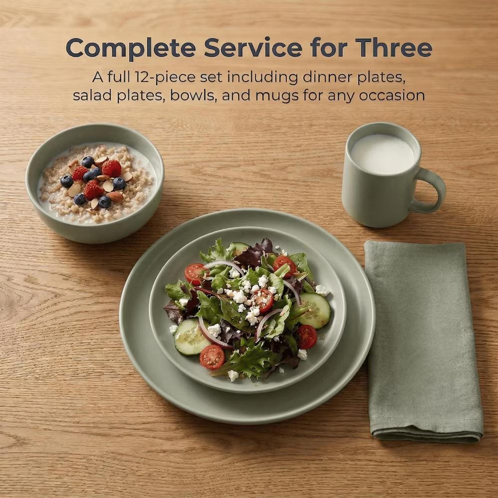 12-Piece Stoneware Dinnerware Set with Mugs, Microwave & Dishwasher Safe, Non-Toxic Dish Set, Plate Set, Stackable Matte Glaze Kitchenware for 3 - Image 25