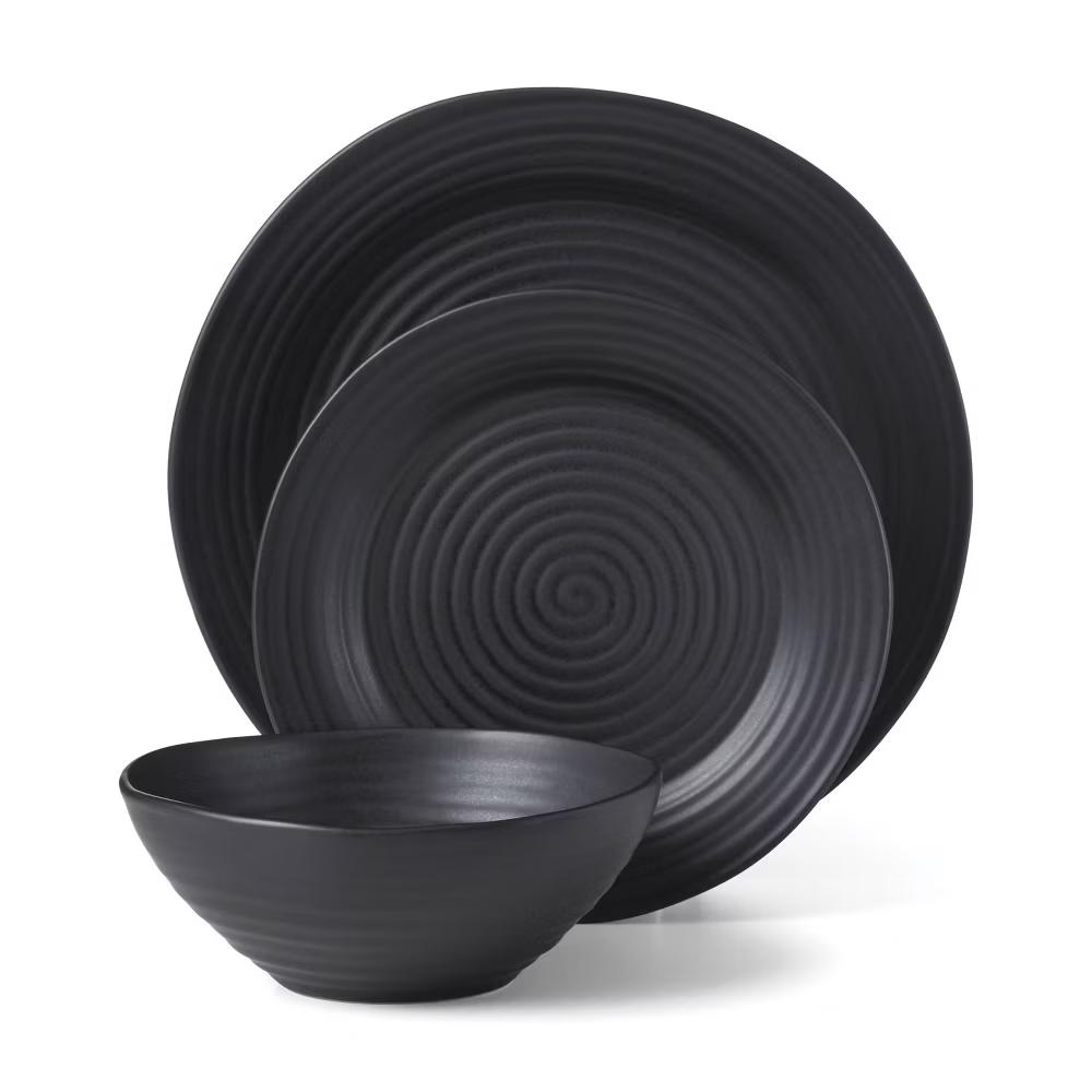 Oneida 12pc Stoneware Dinnerware Set Ridge Black: Matte Black Dishes, Swirl Pattern, Service for 4, Dishwasher-Safe - Image 6