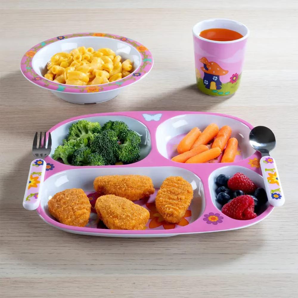 Bentology 5 Pc Fairy Theme Mealtime Set for Kids & Toddlers, Divided Plate Cup Bowl Fork Spoon-Dishwasher Safe- Compartment Dish for Self-Feeding - Image 4