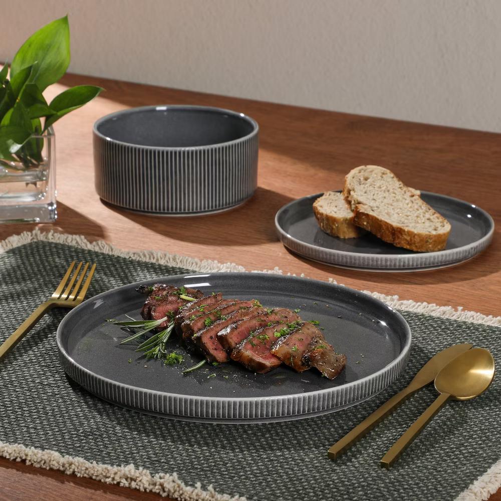 Solana Coast 12 Piece Stoneware Reactive Glaze (Service for 4) Ceramic Plates and Bowls Modern Shape Embossed Dinnerware Set - Image 14