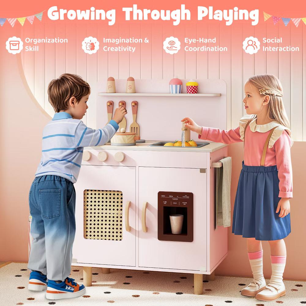 Play Kitchen w/Realistic Ice Maker Stove Accessories & Water Sink Storage - Image 5