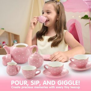 Porcelain Tea Set for Girls, 12PCS Pink Childs Tea Party Set, Pretend Play Toys for Toddlers Kids Christmas Birthday Gifts Ages 3 4 5 6