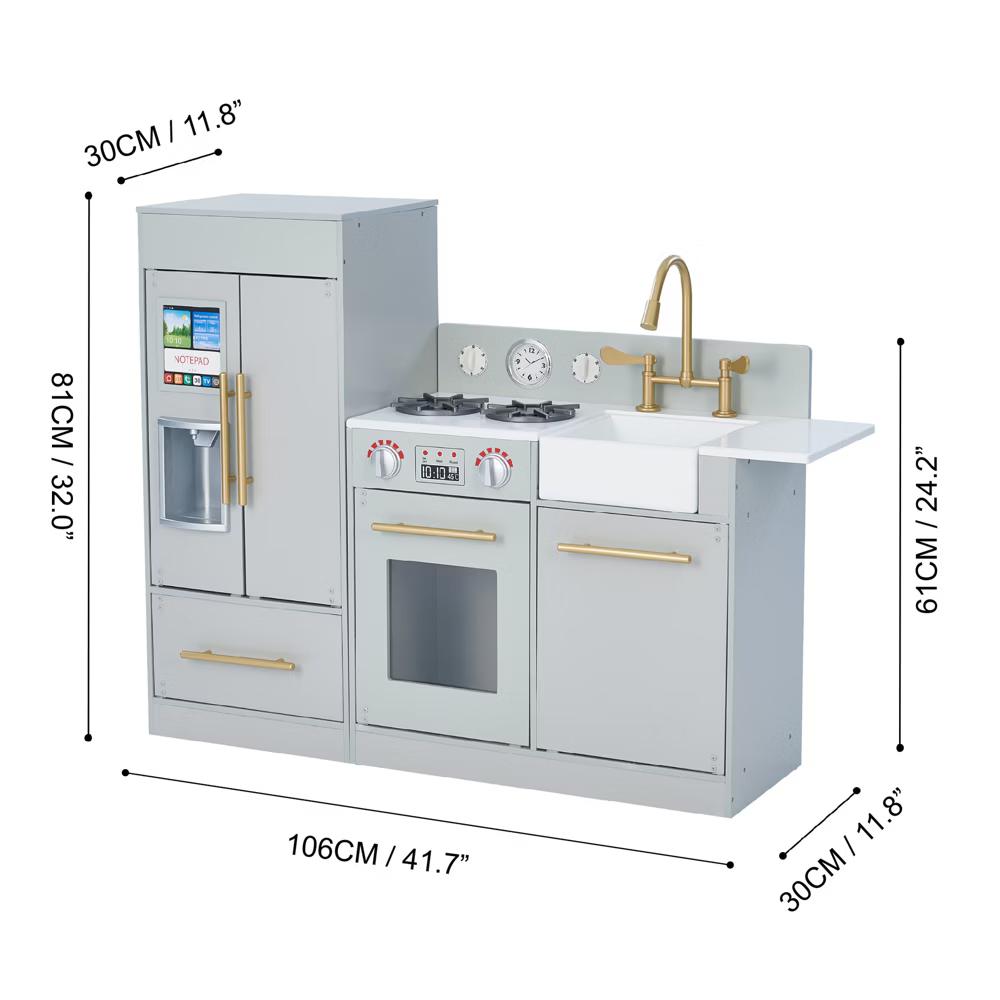 Little Chef Charlotte Modern Wooden Play Kitchen with Realistic Stove, Sink, Fridge & Accessories - Image 4