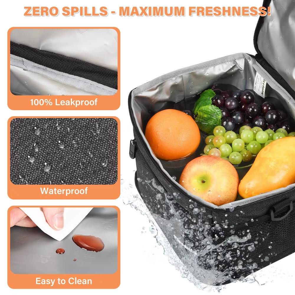 Adult Lunch Bag with Water Pockets, Insulated Dual Compartment Lunch Tote with Zipper Pocket, Leakproof Lunch Box for Men Women - Image 7