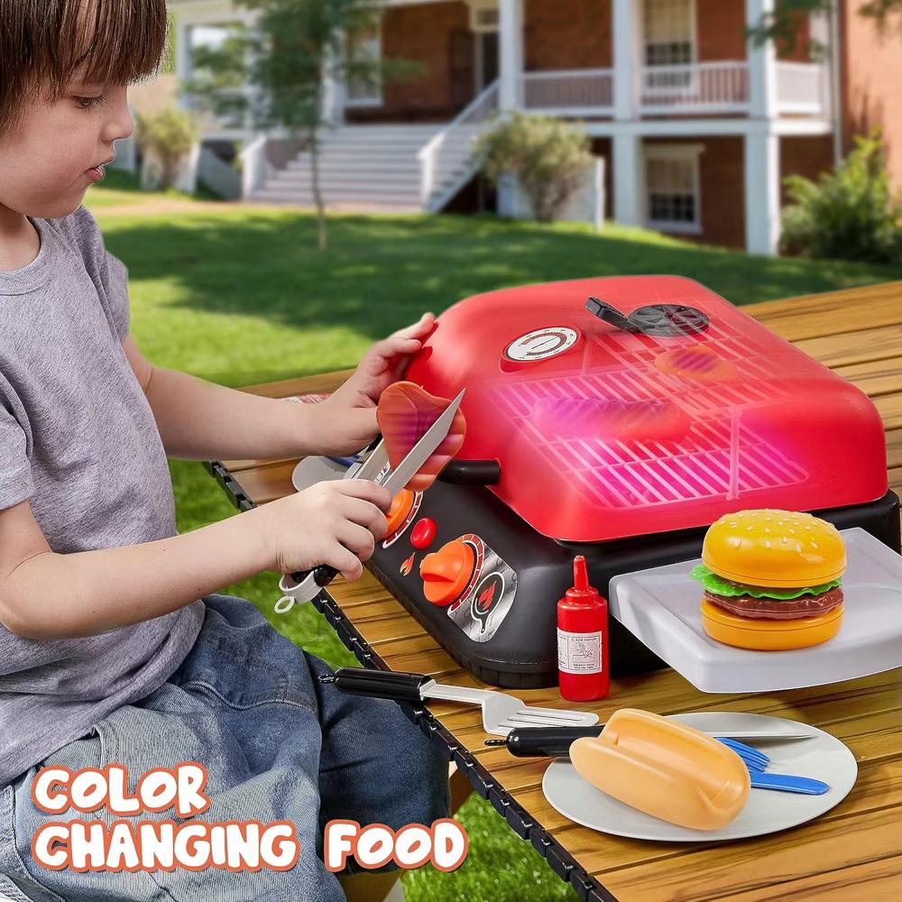 BBQ Grill Playset with Light, Sound,Food, Kitchen Toy Set,Indoor Outdoor Pretend Play Toy Birthday Gift for Kids Toddlers 3 4 5 6 7 8 Years Old - Image 7