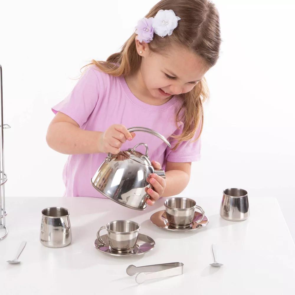 Stainless Steel Pretend Play Tea Set and Storage Rack (11pc) - Image 3