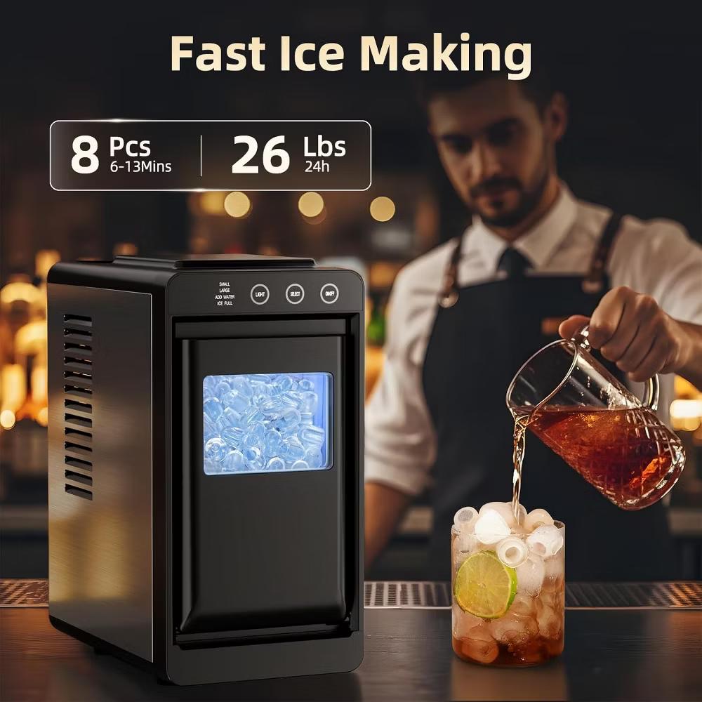 ZAFRO Ice Maker, 26lbs in 24Hrs, 8 Cubes in 6 Mins, 0.8L Tank & 1.1lb Storage, Auto Clean with Basket & Scoop, Portable for Home/Kitchen/Camping.